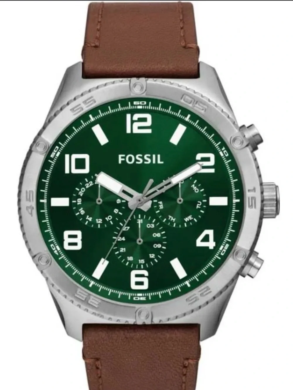 Fossil Green Dial chronograph Silver Case Brown Leather Strap Watch Mens
